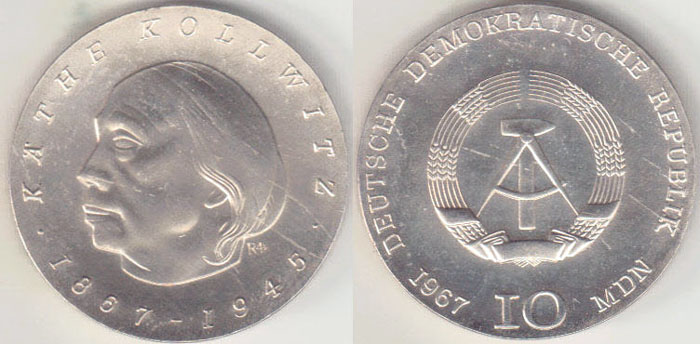 1967 East Germany silver 10 Mark (Kollwitz) Unc A005147